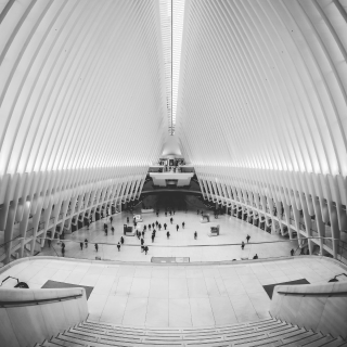 Black and white photo, taken from above (on the second floor), of a warehouse with very high ceilings and columns very close to each other forming a kind of inverted ship's bottom - instead of being the ground, it is the ceiling of the place. Some people in black on the ground floor. In front, another mezzanine on the upper floor.